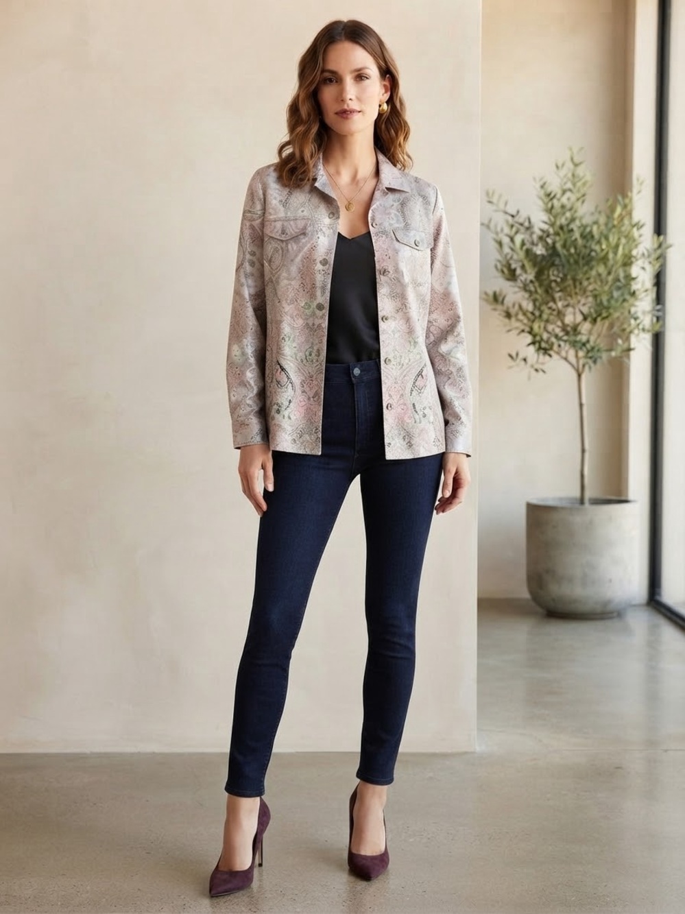 Chico's Pale Pink Printed Jean Jacket with Subtle Multicolor Accents